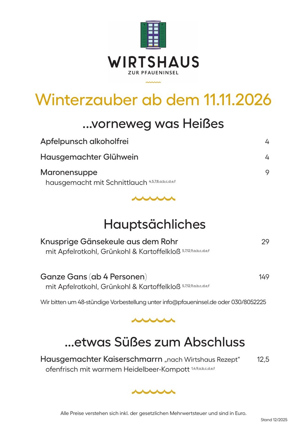 Winterzauber-Karte Wirtshaus zur Pfaueninsel ab dem 11.11.2026: Apfelpunsch, Glühwein, Maronensuppe, Gänsekeule, ganze Gans und Kaiserschmarrn